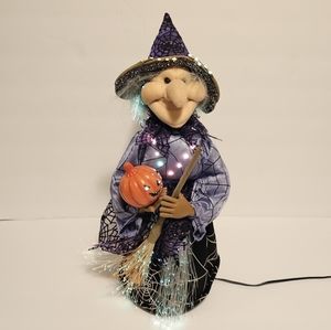 Vintage Fiber Optic Halloween Witch With Pumpkin And Broom Lights up 15"